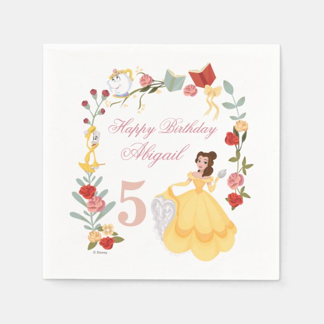 Princess Belle | Pink Floral Birthday Napkins (Front)
