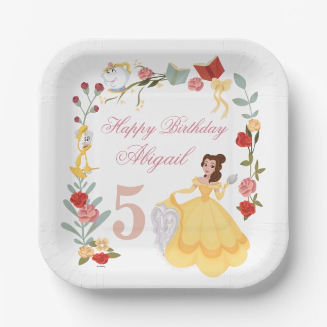 Princess Belle | Pink Floral Birthday Paper Plates (Front)