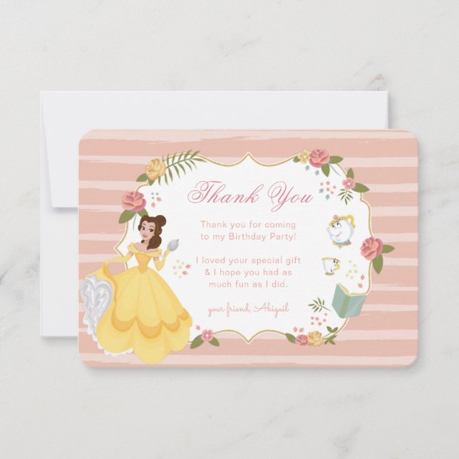 Princess Belle | Pink Floral Birthday Thank You Invitation (Front)