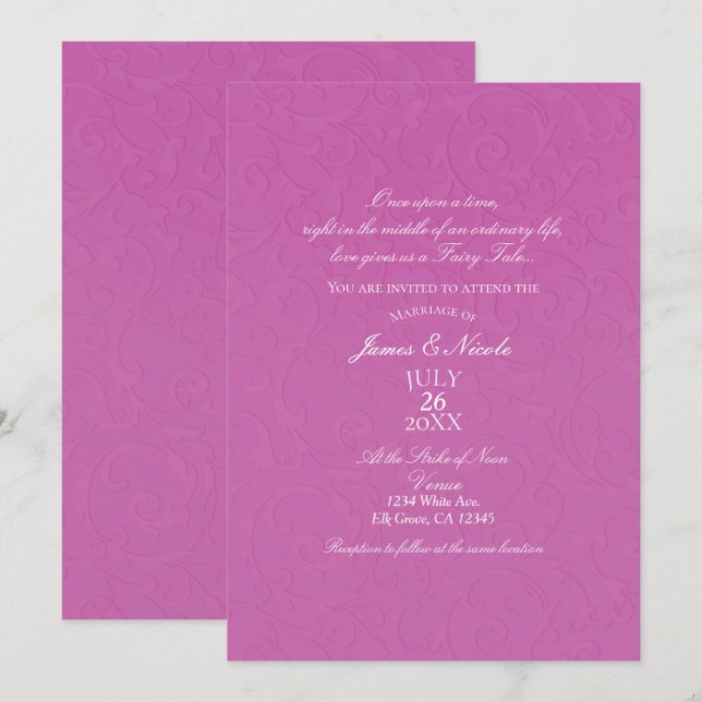 Princess Berry Pink Fairy Tale Damask Wedding Invitation (Front/Back)