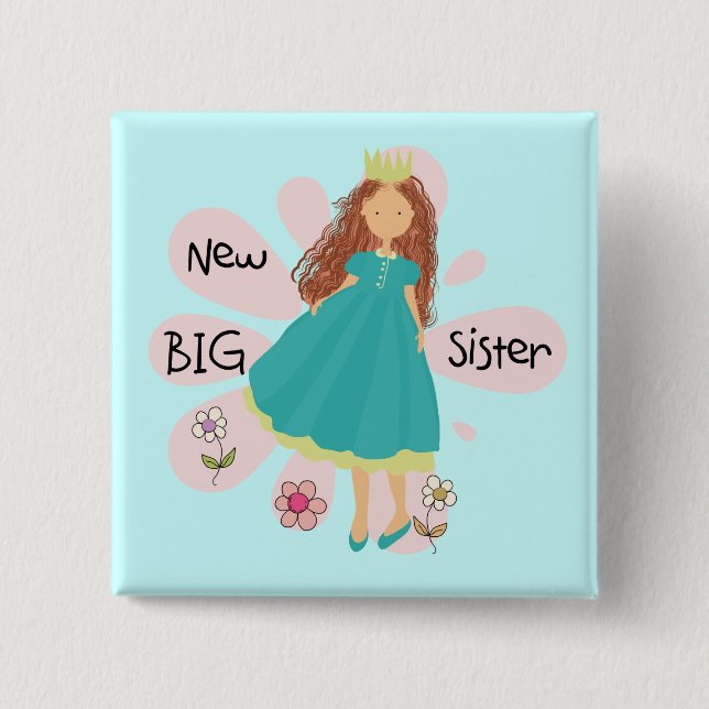 Princess Big Sister Brown Hair Pinback Button (Front)