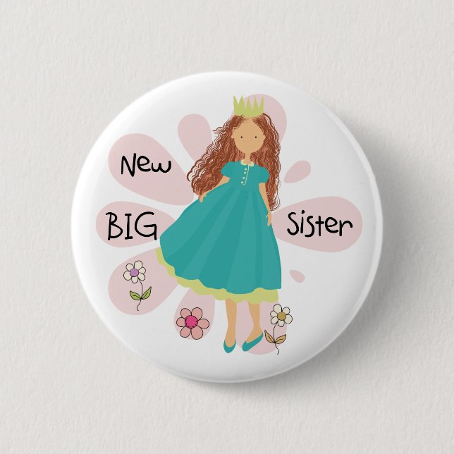 Princess Big Sister Brown Hair Pinback Button (Front)