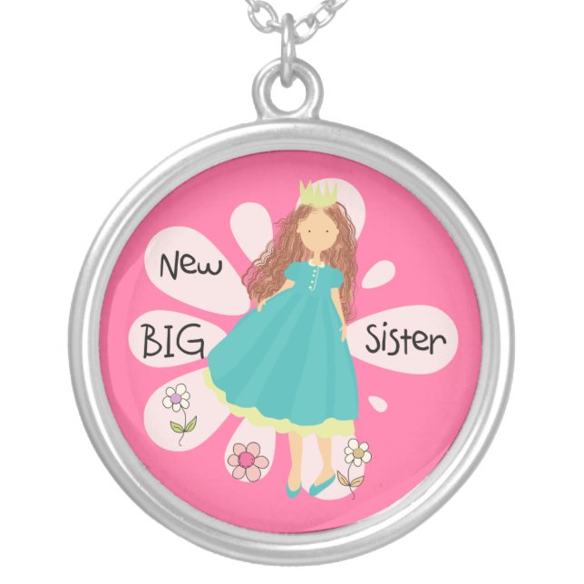 Princess Big Sister Brown Hair Silver Plated Necklace (Front)