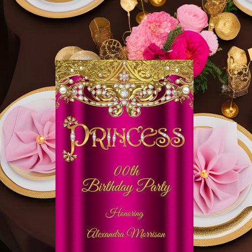 Princess birthday Bright pink Diamond Gold Pearls  Invitation