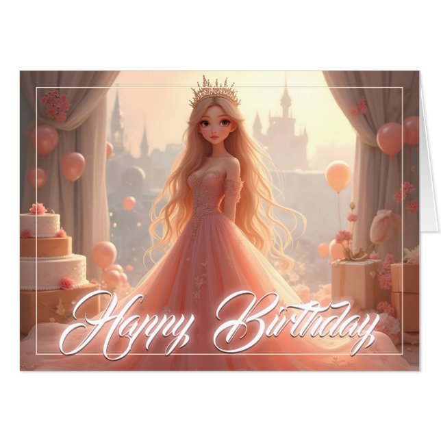 Princess Birthday Card in Pink (Front Horizontal)