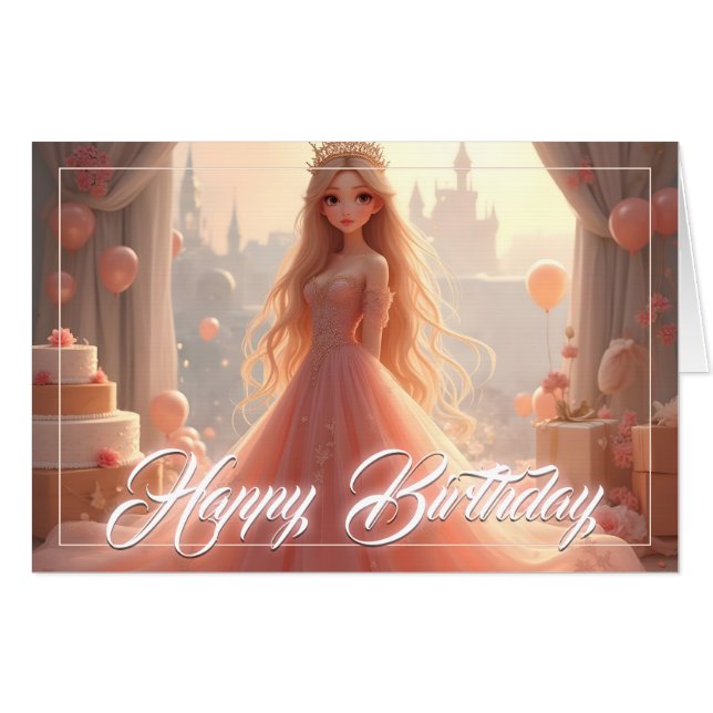Princess Birthday Card in Pink (Front Horizontal)