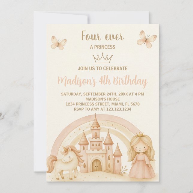 Princess Birthday Invitation with Castle & Unicorn (Front)