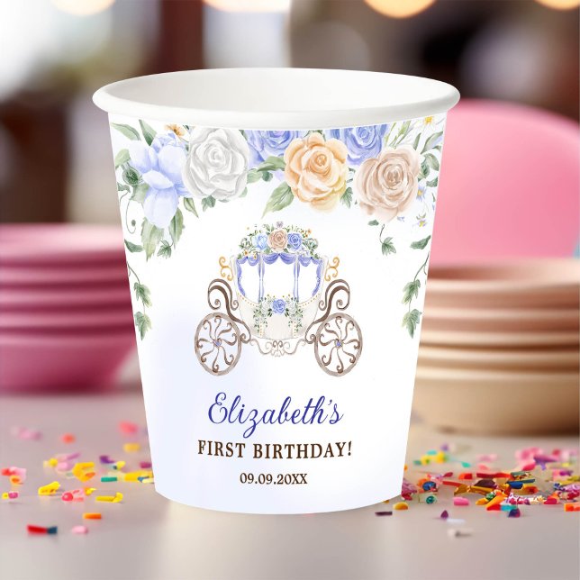 Princess Birthday Party Carriage Blue Floral Paper Cups (Creator Uploaded)