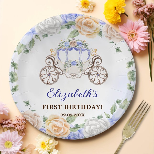 Princess Birthday Party Carriage Blue Floral Paper Plates (Creator Uploaded)