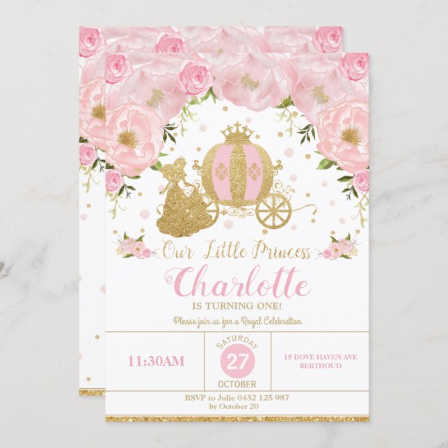 Princess Birthday Party Carriage Pink and Gold Invitation (Front/Back)