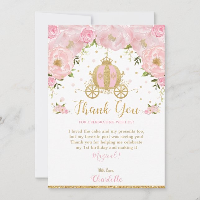 Princess Birthday Party Carriage Pink Floral Gold Thank You Card (Front)