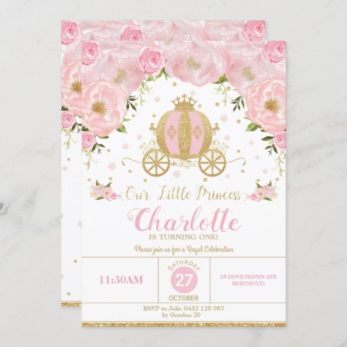 Princess Birthday Party Carriage Pink Floral Invitation