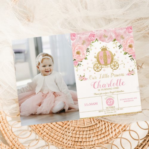 Princess Birthday Party Carriage Pink Floral Photo Invitation