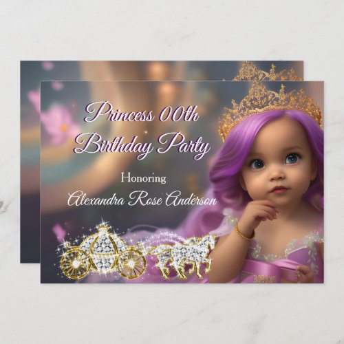 Princess Birthday Party Carriage purple golden 2 Invitation