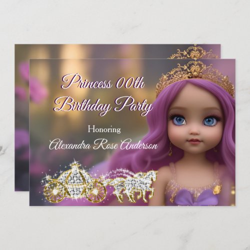 Princess Birthday Party Carriage purple golden 3 Invitation