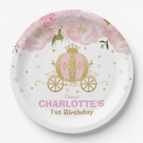 Princess Birthday Party Floral Pink Gold Carriage Paper Plates