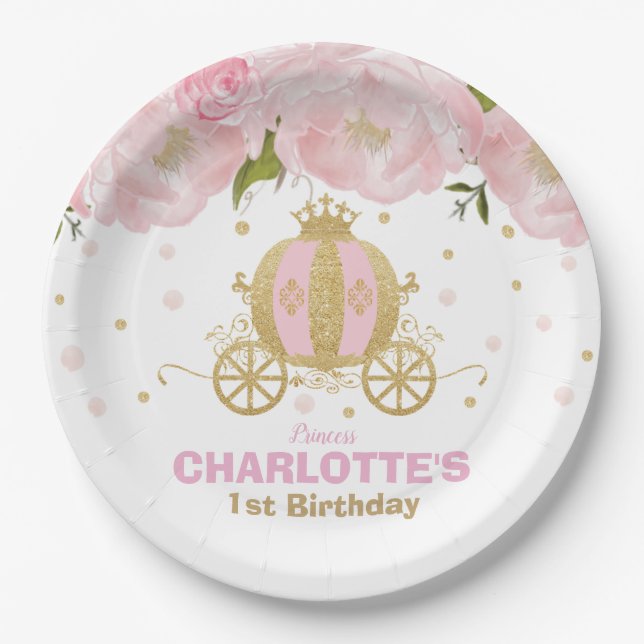 Princess Birthday Party Floral Pink Gold Carriage Paper Plates (Front)