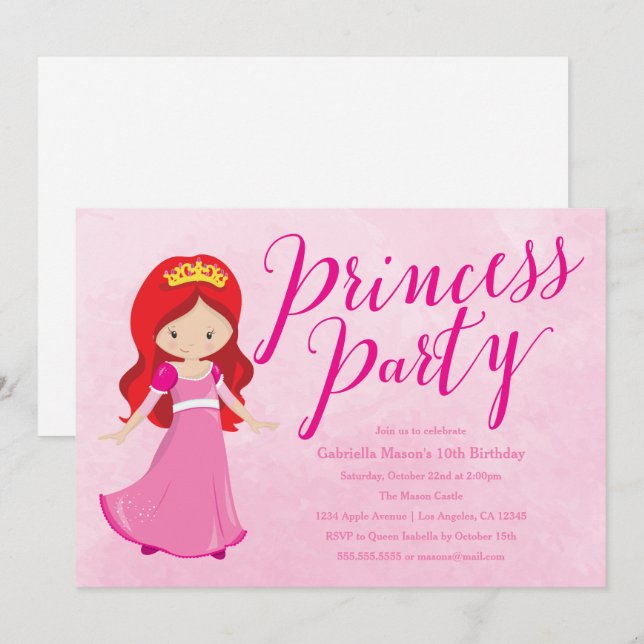 Princess Birthday Party Invitation - Redhead/Pink (Front/Back)