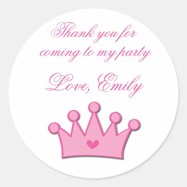 Princess Birthday Party Labels Stickers Pink Crown (Front)