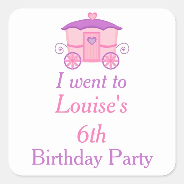Princess Birthday Party Pink and Purple Square Sticker (Front)