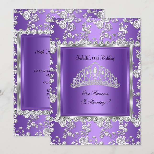 Princess Birthday Party Purple Silver Tiara Invitation (Front/Back)