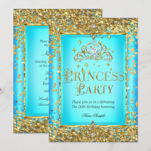 Princess Birthday Party Teal Blue Gold Tiara Invitation (Front/Back)