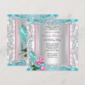 Princess Birthday Party Teal Pink Rose High Heels Invitation