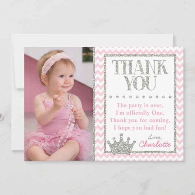 Princess Birthday Thank You Card | Pink and Silver (Front)