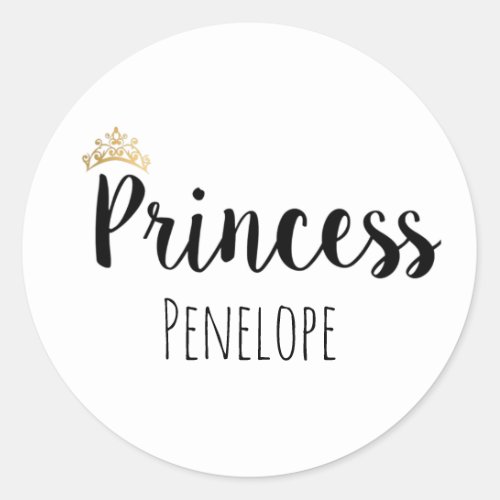 Princess Black Script Font Crown Classic Round Sticker