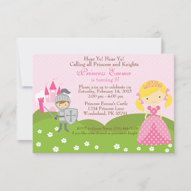 Princess (blond) and Knight birthday invitation (Front)
