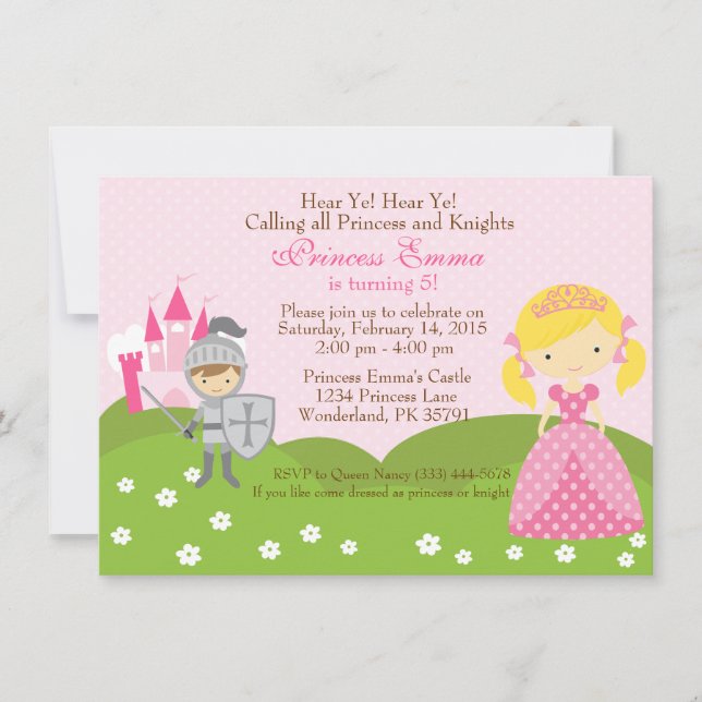 Princess (blond) and Knight birthday invitation (Front)