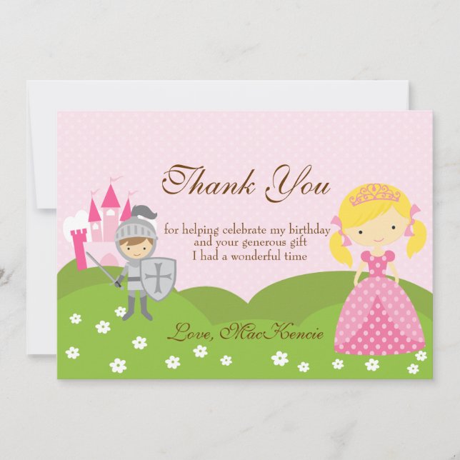 Princess blond and Knight birthday Thank you card (Front)
