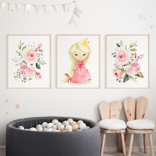 Princess, Blonde Hair, Pink Flowers, Girl Nursery Wall Art Sets