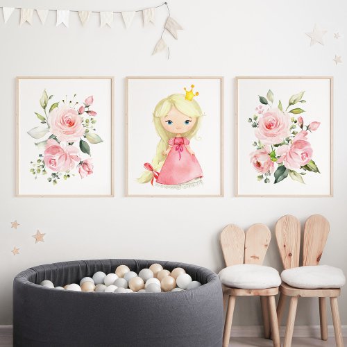 Princess Blonde Hair Pink Flowers Girl Nursery Wall Art Sets
