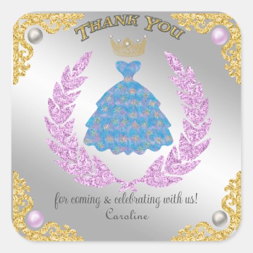 Princess Blue Dress  Glitter Birthday Thank You Square Sticker