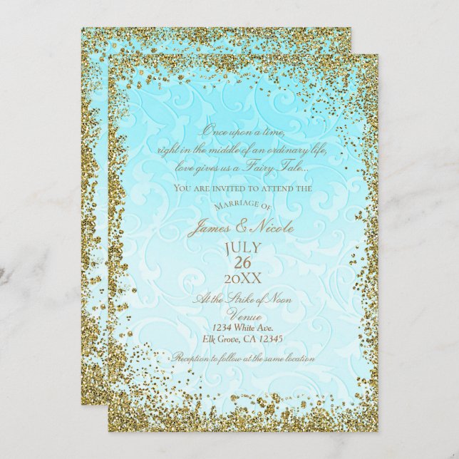 Princess Blue Elegant Storybook Swirl Wedding Invitation (Front/Back)