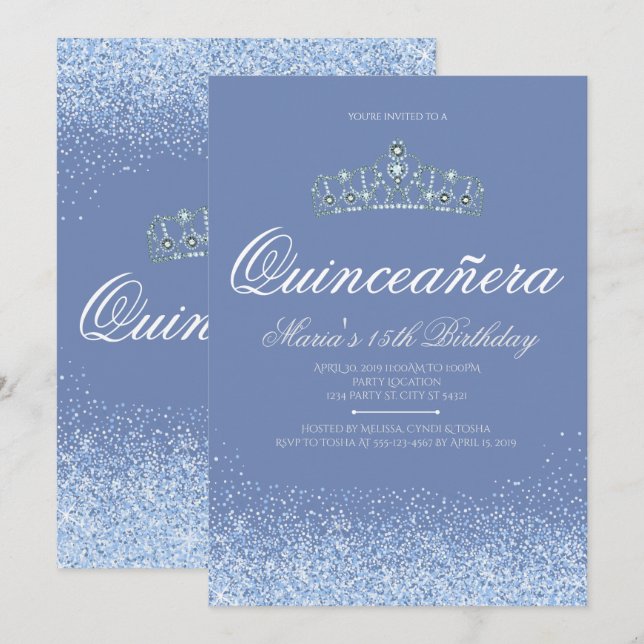 Princess Blue  Glitter Quinceanera Invitations (Front/Back)