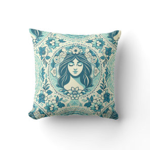 Princess Blue Green with Flowers Throw Pillow