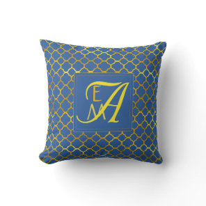 Princess Blue Quatrefoil MONOGRAM Newlywed Wedding Throw Pillow
