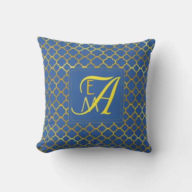 Princess Blue Quatrefoil MONOGRAM Newlywed Wedding Throw Pillow (Front)