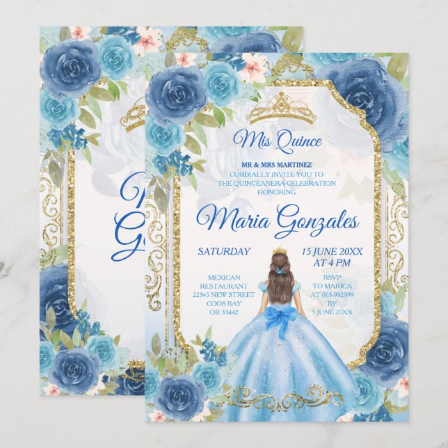 Princess Blue Roses Mexican 15 Anos Invitation (Front/Back)