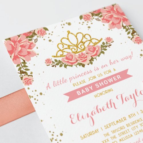 Princess Blush Floral Gold Crown Baby Shower Invitation