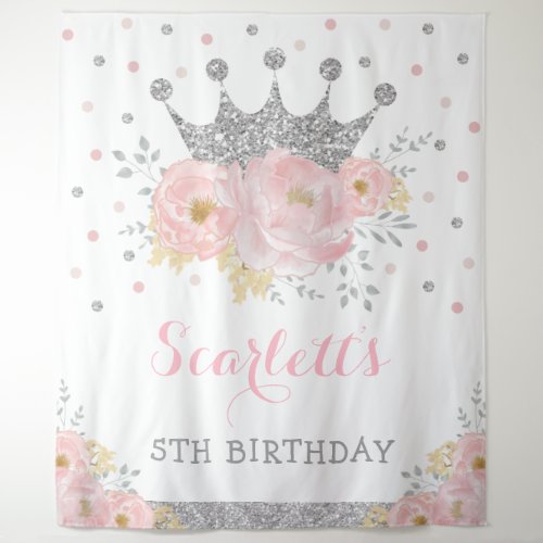 Princess Blush Floral Silver Crown Baby Birthday Tapestry