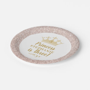 Princess Blush Pink Glitter Royal Crown Birthday Paper Plates