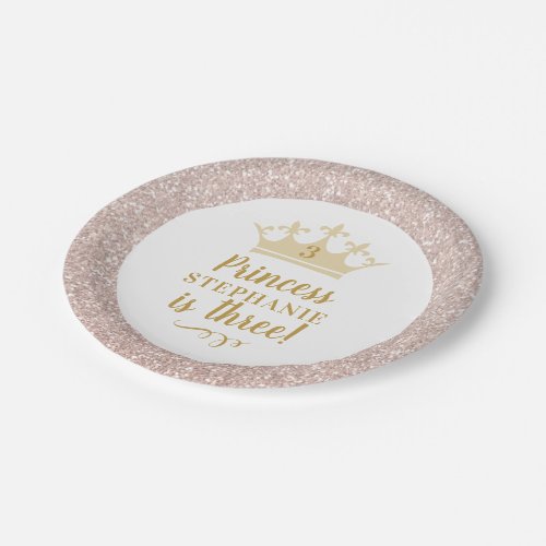 Princess Blush Pink Glitter Royal Crown Birthday Paper Plates