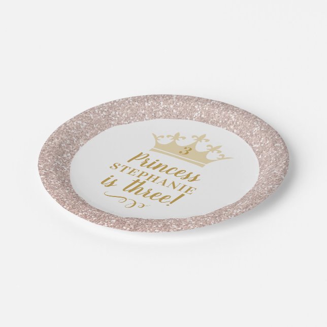 Princess Blush Pink Glitter Royal Crown Birthday Paper Plates (Angled)