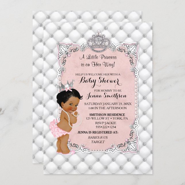 Princess Blush Pink Pearls Diamonds Baby Girl Invitation (Front/Back)