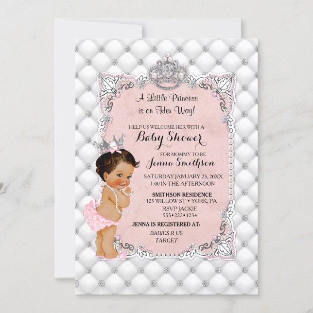 Princess Blush Pink Pearls Diamonds Baby Girl Invitation (Front)