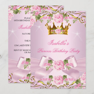 Princess Blush Pink Roses Gold Birthday Party Invitation