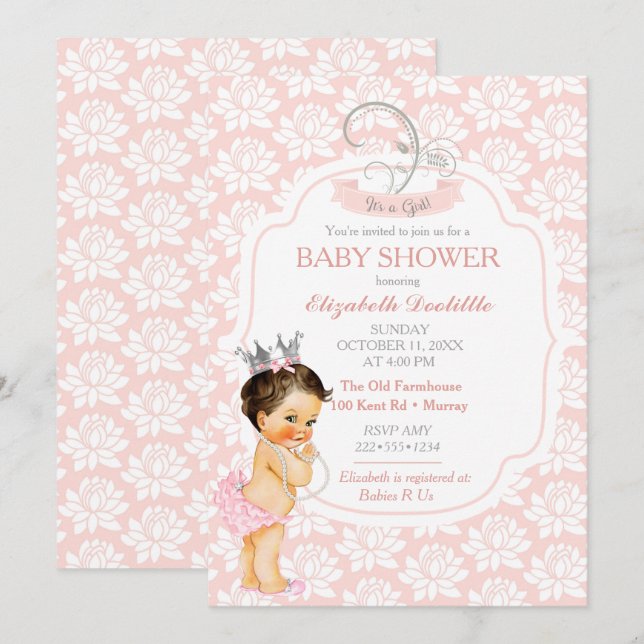 Princess Blush Pink & Silver Baby Girl Invitation (Front/Back)